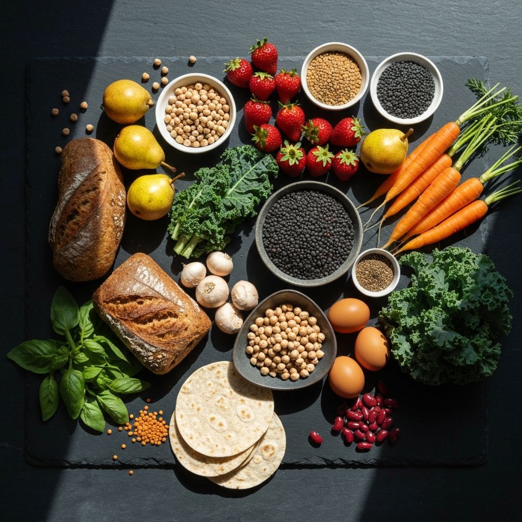 Overhead view of diverse food groups including vegetables, fruits, legumes and whole grains