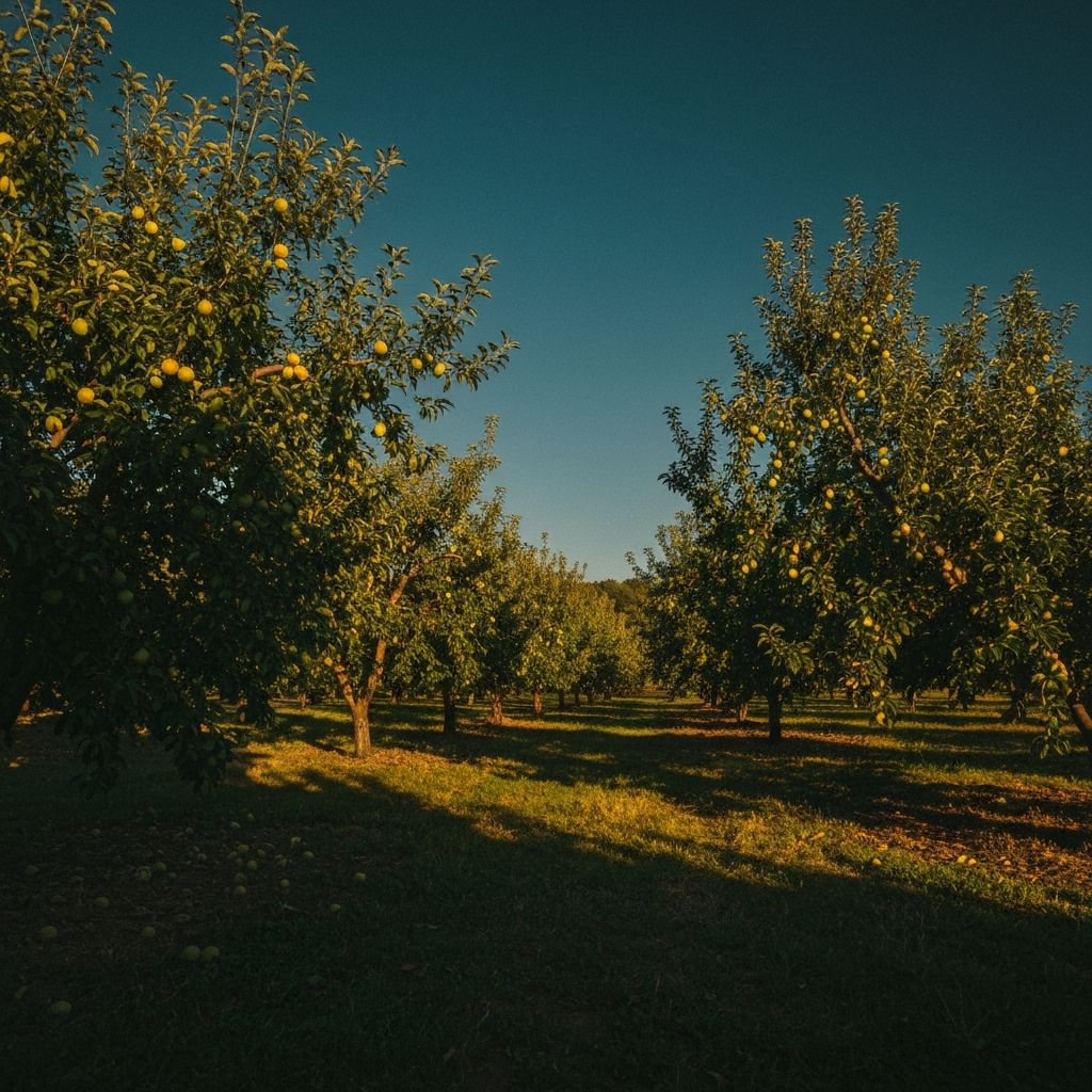 Lush orchard with ripe fruit on the trees