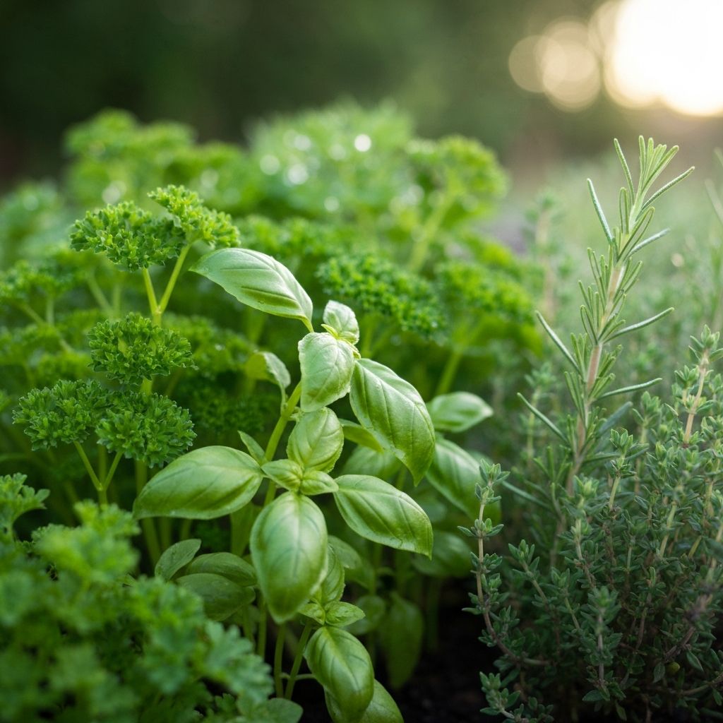 Fresh culinary herbs growing in a garden bed